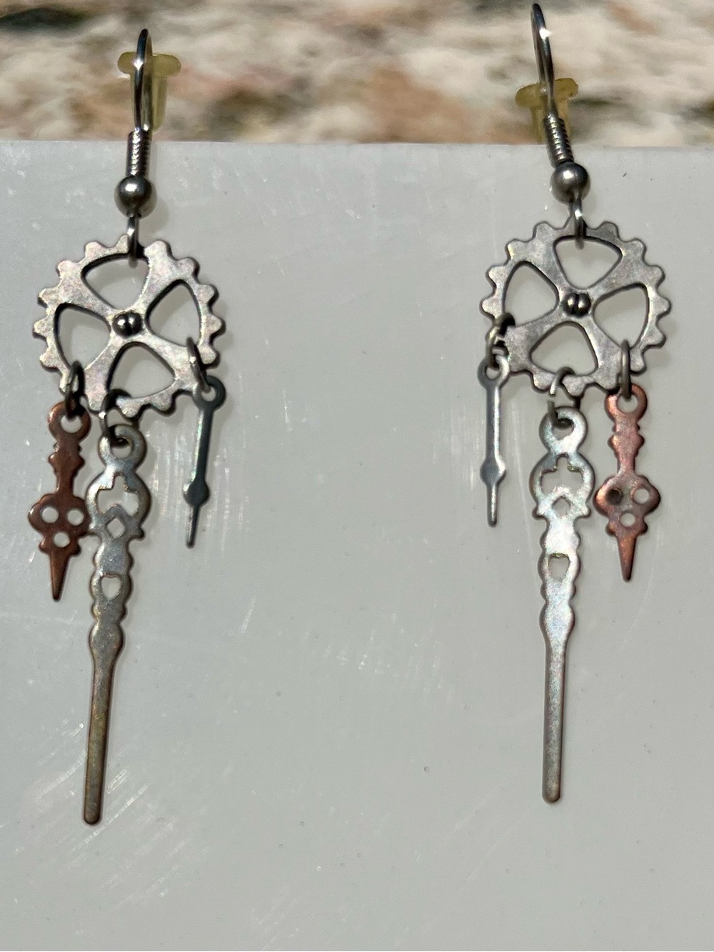 Steampunk Gear & Key Dangle Earrings - Silver and Copper